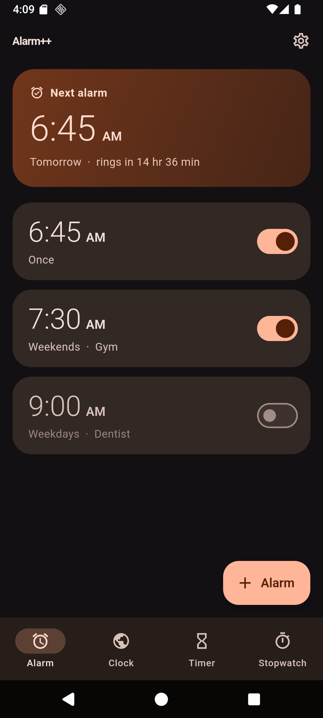 The Alarms list: a Next alarm card reading 6:45 AM, tomorrow, rings in 14 hr 36 min, above three alarm rows — 6:45 AM Once, 7:30 AM Weekends Gym, and a switched-off 9:00 AM Weekdays Dentist.