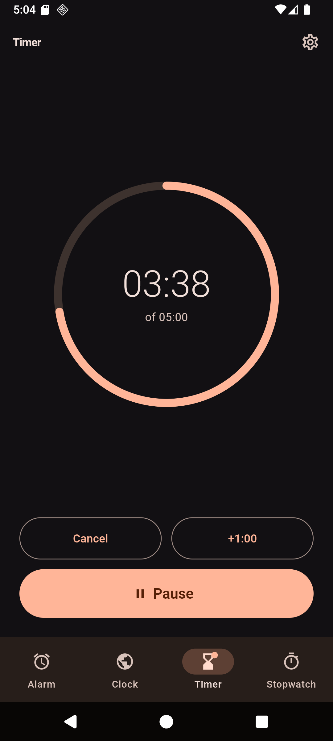 The Timer: a depleting ring around 03:38 remaining of 05:00, with Cancel, +1:00 and Pause controls.
