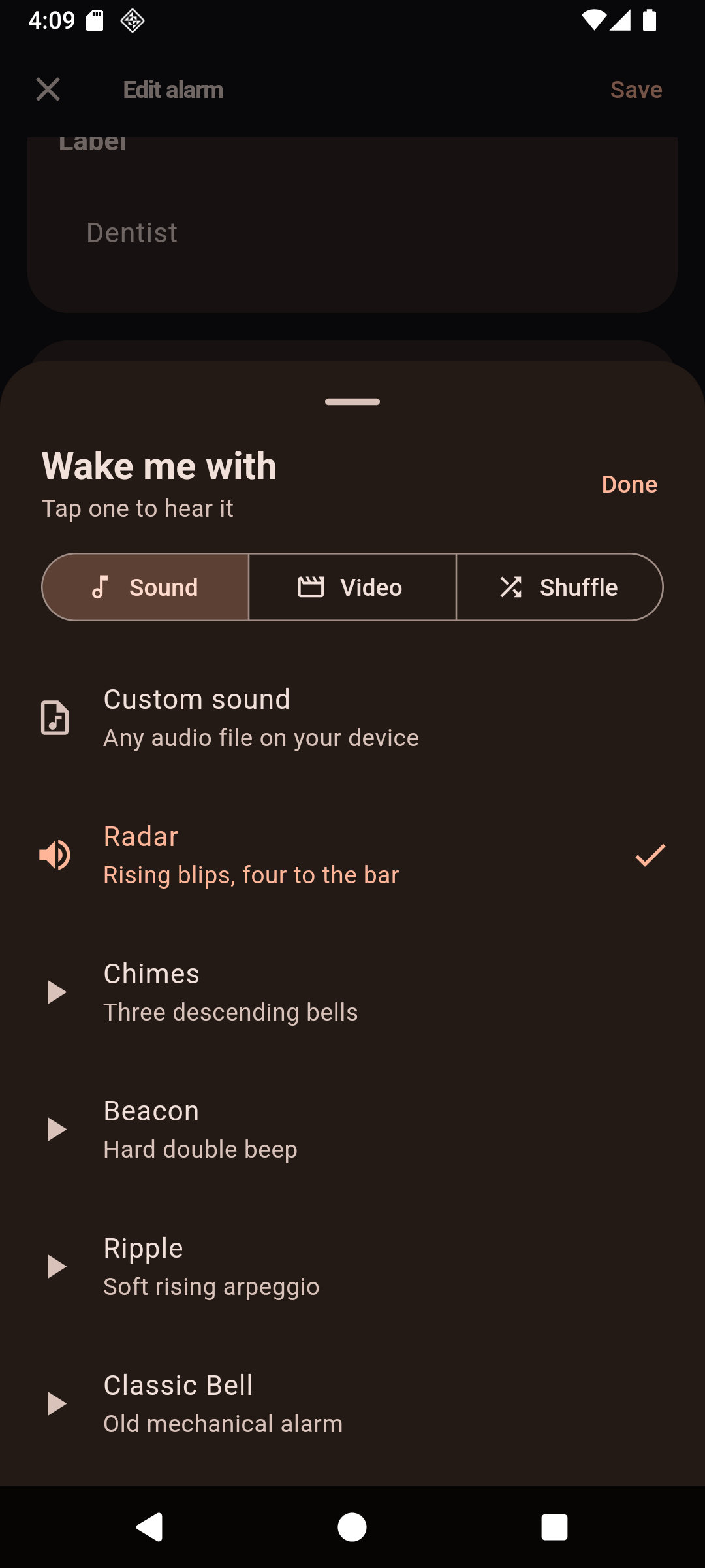 The “Wake me with” sheet: Sound, Video and Shuffle tabs, then Custom sound and the five built-in tones — Radar, Chimes, Beacon, Ripple and Classic Bell — each with a short description and a play control, Radar selected.